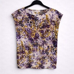 LOFT Abstract Print Sleeveless Top | Purple & Olive | Medium Petite